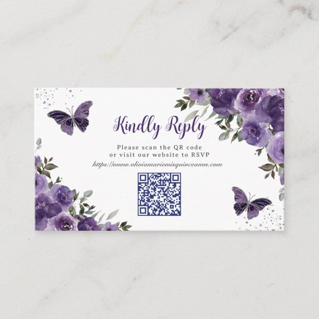 Purple Floral Butterflies Quinceañera QR Code RSVP Enclosure Card (Front)