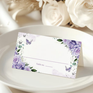 Purple Floral Butterflies Silver Quinceanera XV 16 Place Card