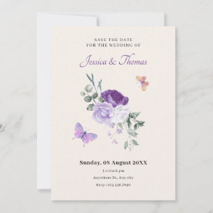 Purple floral butterflies wedding save the date