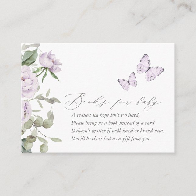 Purple Floral Butterfly Baby Shower Books for Baby Enclosure Card (Front)