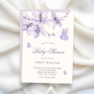 Purple floral butterfly baby shower invitation