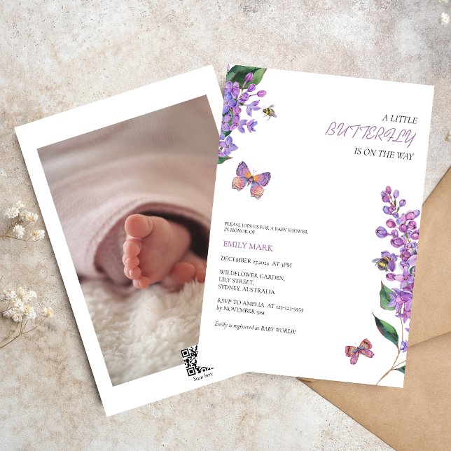 Purple floral butterfly baby shower invitation (Creator Uploaded)