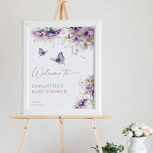 Purple floral butterfly baby shower welcome sign