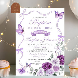 Purple Floral Butterfly Baptism & First Birthday Invitation