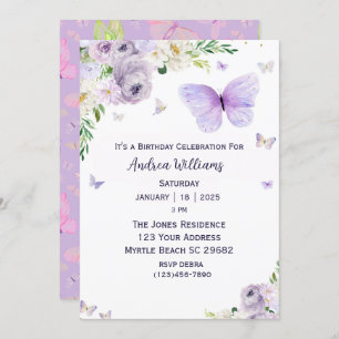 Purple Floral Butterfly Birthday Party Invitation