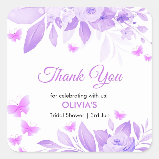Purple Floral Butterfly Bridal Shower Thank You Square Sticker (Front)