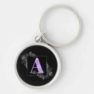 Purple Floral Butterfly Custom Monogram - Letter A Key Ring