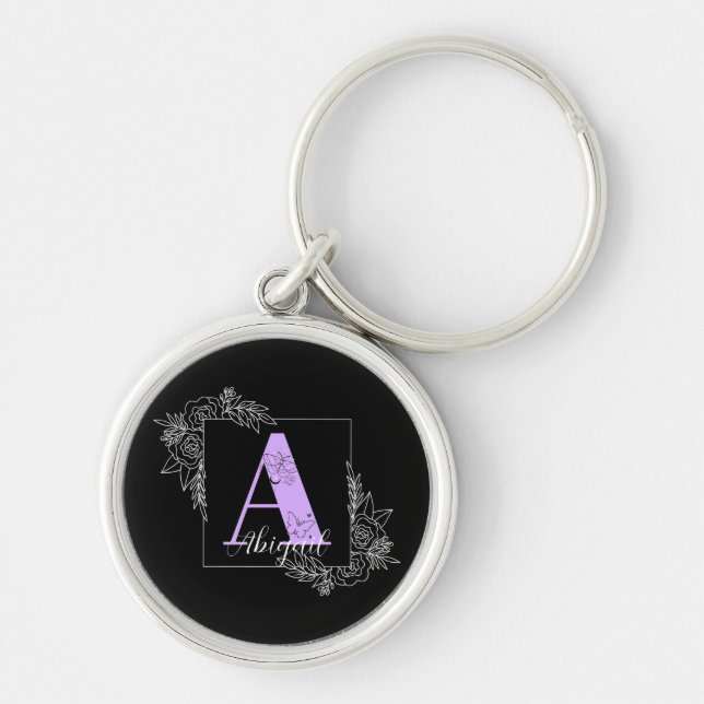 Purple Floral Butterfly Custom Monogram - Letter A Key Ring (Front)