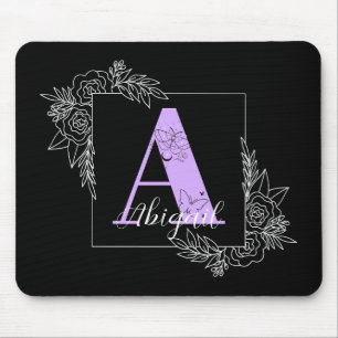 Purple Floral Butterfly Custom Monogram - Letter A Mouse Pad
