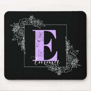 Purple Floral Butterfly Custom Monogram - Letter E Mouse Pad