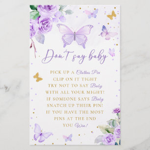 Purple Floral Butterfly Don't Say Baby Shower Game Stationery