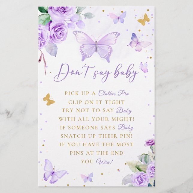 Purple Floral Butterfly Don't Say Baby Shower Game Stationery (Front)
