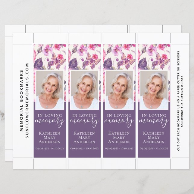 Purple Floral Butterfly Funeral Bookmark Template (Front/Back)