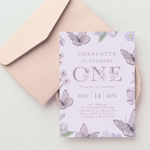 Purple Floral Butterfly Girl's 1st Birthday Party Invitation