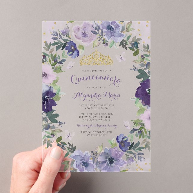 Purple Floral Butterfly Gold Tiara Quinceanera Acrylic Invitations (Insitu (Handheld))