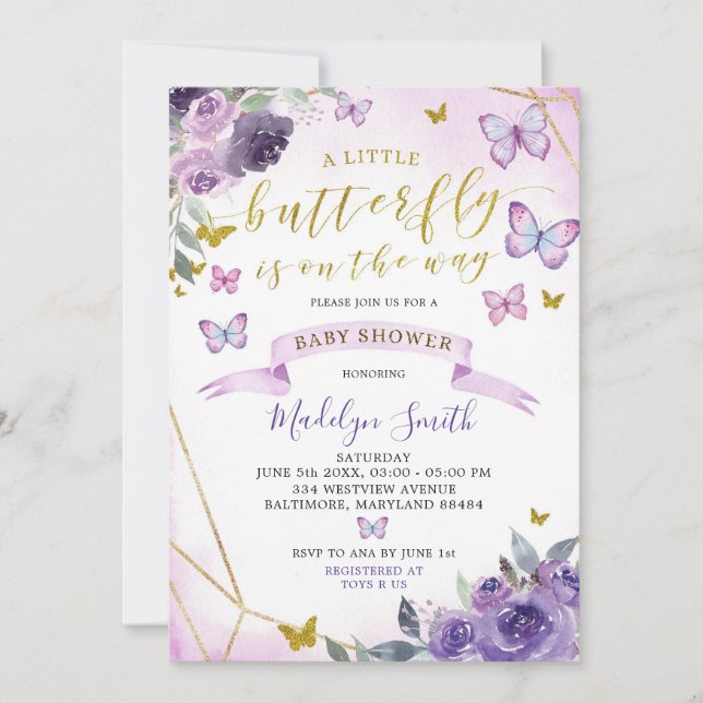 Purple Floral Butterfly Is On The Way Baby Shower  Invitation (Front)