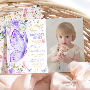 Purple Floral Butterfly Kisses and Birthday Wishes Invitation