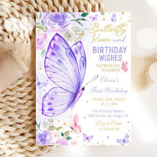 Purple Floral Butterfly Kisses and Birthday Wishes Invitation