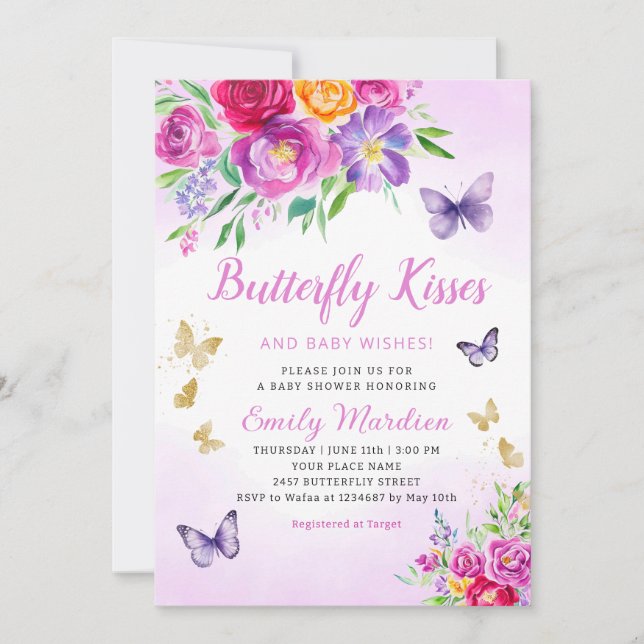 Purple Floral Butterfly Kisses Girl Baby Shower Invitation (Front)