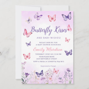 Purple Floral Butterfly Kisses Girl Baby Shower Invitation