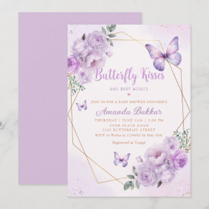 Purple Floral Butterfly Kisses Girl Baby Shower Invitation
