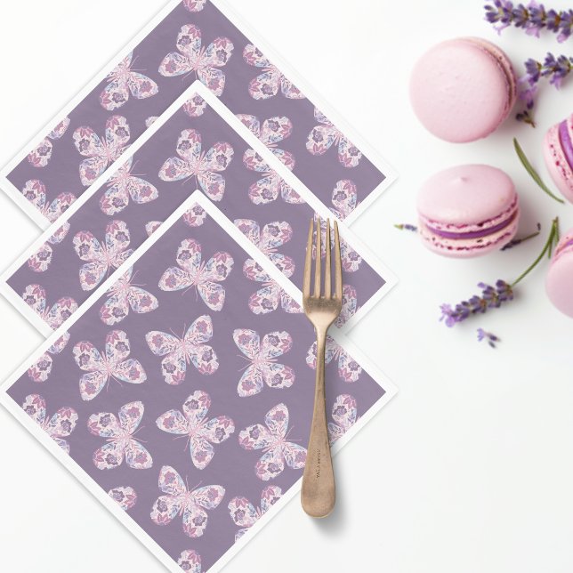 Purple Floral Butterfly Patterned Baby Shower Napkin (Shown on standard luncheon)