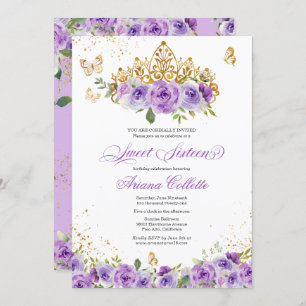 Purple Floral & Butterfly Sweet 16 Birthday Invitation