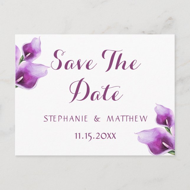 Purple Floral Calla Wedding Save The Date Announcement Postcard (Front)