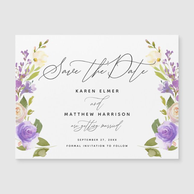 Purple Floral Calligraphy Save The Date (Front)