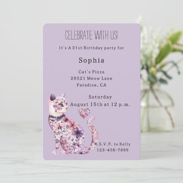 Purple Floral Cat Birthday   Invitation (Standing Front)