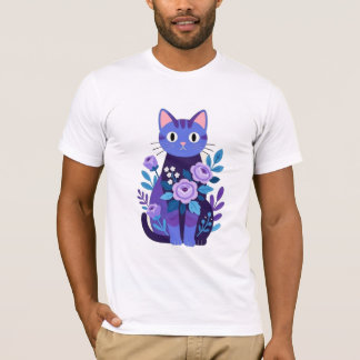 Purple Floral Cat Illustration T-Shirt