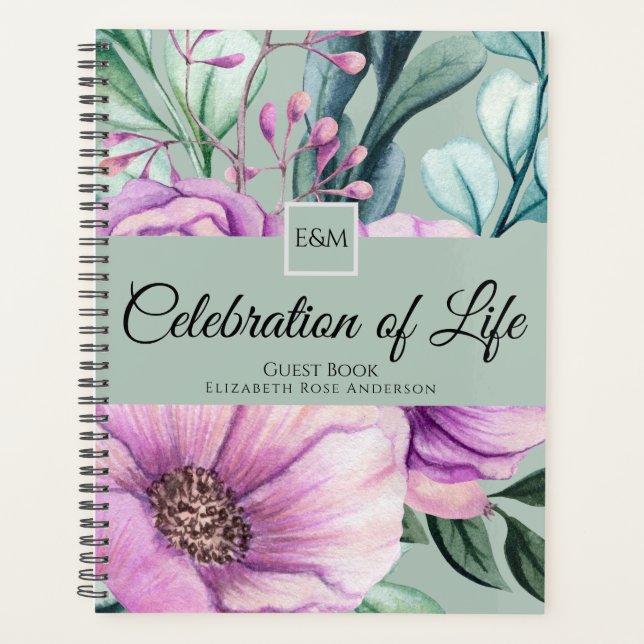 Purple Floral Celebration of Life Guest Book Planner (Front)