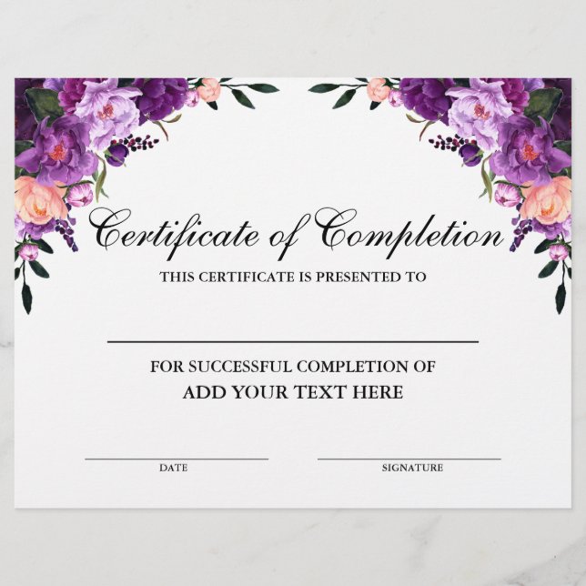 Purple Floral Certificate of Completion (Front)