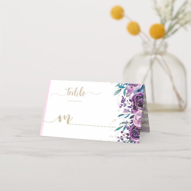 Purple Floral Champagne Gold Stripes Seating Name Place Card (Front)