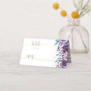 Purple Floral Champagne Gold Stripes Seating Name Place Card