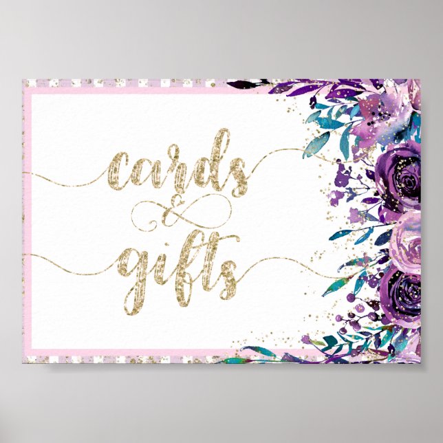 Purple Floral Champagne Gold Wedding Cards & Gifts Poster (Front)