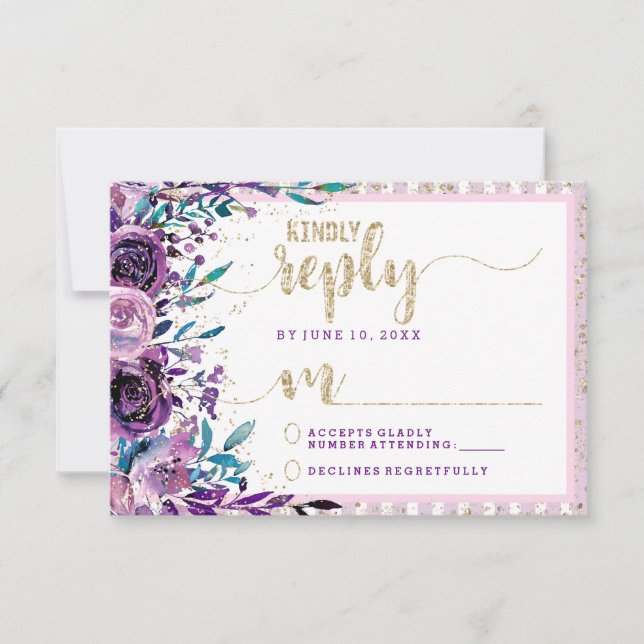 Purple Floral Champagne Gold Wedding Reply RSVP (Front)