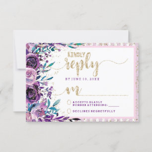 Purple Floral Champagne Gold Wedding Reply RSVP Card