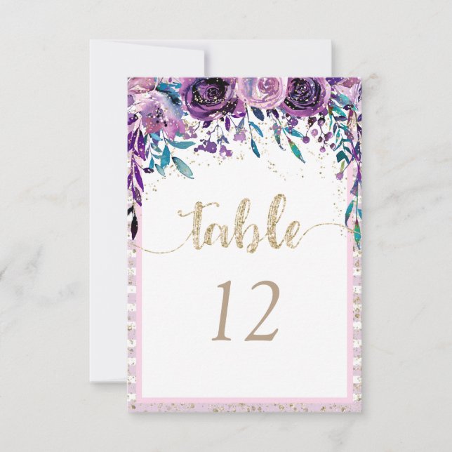 Purple Floral Champagne Table Number Seating Chart (Front)