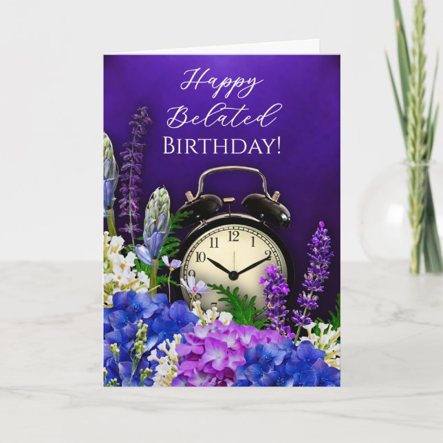 Purple Floral Clock Belated Birthday Card (Front)