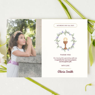 Purple floral communion thank you with photo invitation