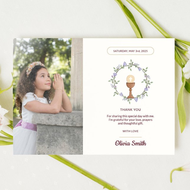Purple floral communion thank you with photo invitation (Printed First Communion reminder with custom name and date)