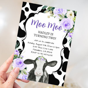 Purple Floral Cow Farm Birthday Invitation