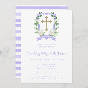 Purple Floral Crest Girl Baptism Invitation