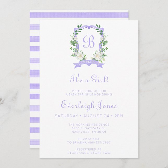 Purple Floral Crest It's A Girl Baby Sprinkle Invitation (Front/Back)