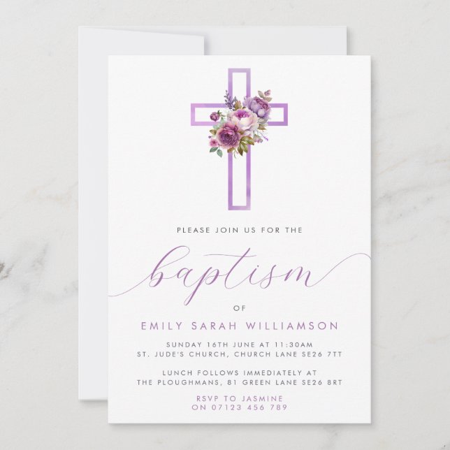 Purple Floral Cross Baby Baptism Invitation (Front)