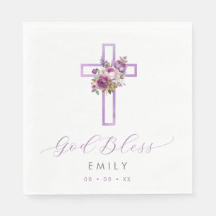Purple Floral Cross Baby God Bless Baptism Napkin