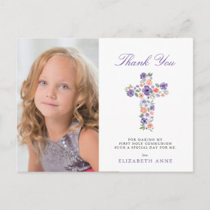 Purple Floral Cross First Holy Communion Thank You Postcard