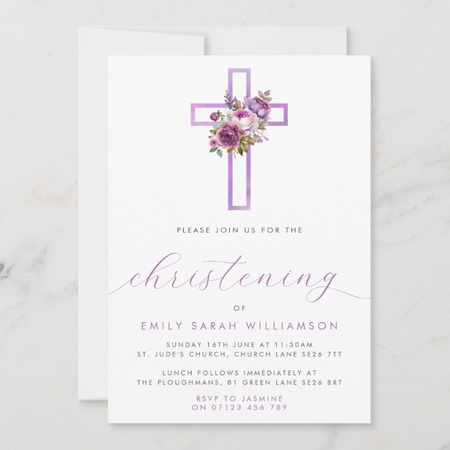 Purple Floral Cross Modern Script Christening Invitation (Front)