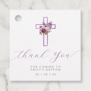 Purple Floral Cross Modern Script Thank You Favour Tags
